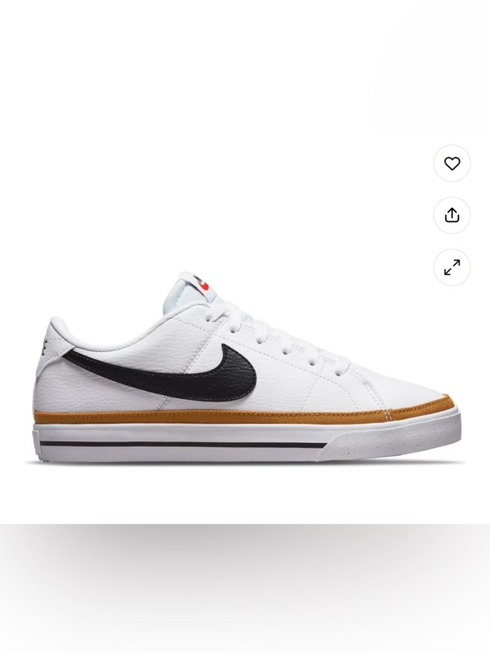 Nike White Leather Sneaker with Black Swoosh and Gold Accent